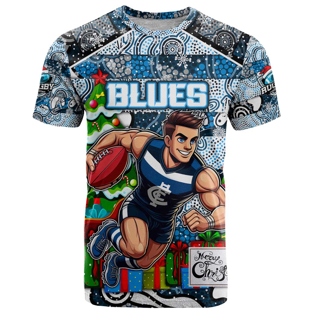Custom Blues Rugby Merry Christmas T Shirt Indigenous Australian Art