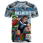 Custom Blues Rugby Merry Christmas T Shirt Indigenous Australian Art