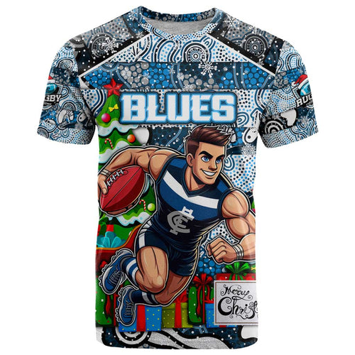 Custom Blues Rugby Merry Christmas T Shirt Indigenous Australian Art