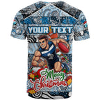 Custom Blues Rugby Merry Christmas T Shirt Indigenous Australian Art