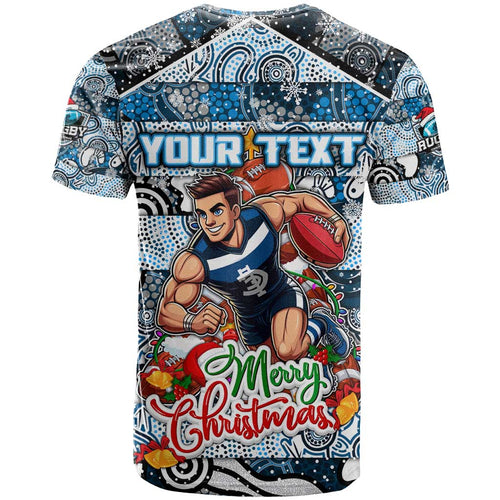 Custom Blues Rugby Merry Christmas T Shirt Indigenous Australian Art