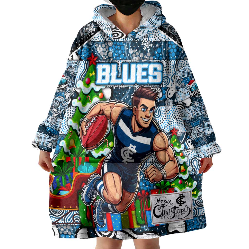 Custom Blues Rugby Merry Christmas Wearable Blanket Hoodie Indigenous Australian Art