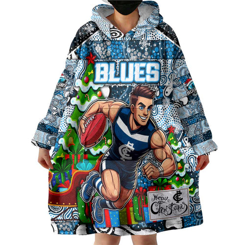 Custom Blues Rugby Merry Christmas Wearable Blanket Hoodie Indigenous Australian Art