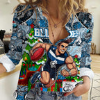 Custom Blues Rugby Merry Christmas Women Casual Shirt Indigenous Australian Art