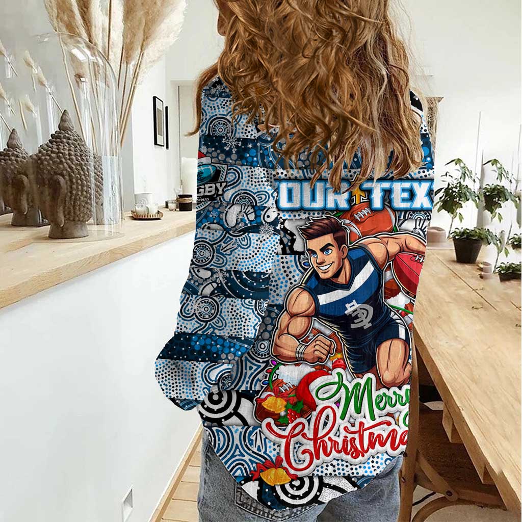 Custom Blues Rugby Merry Christmas Women Casual Shirt Indigenous Australian Art