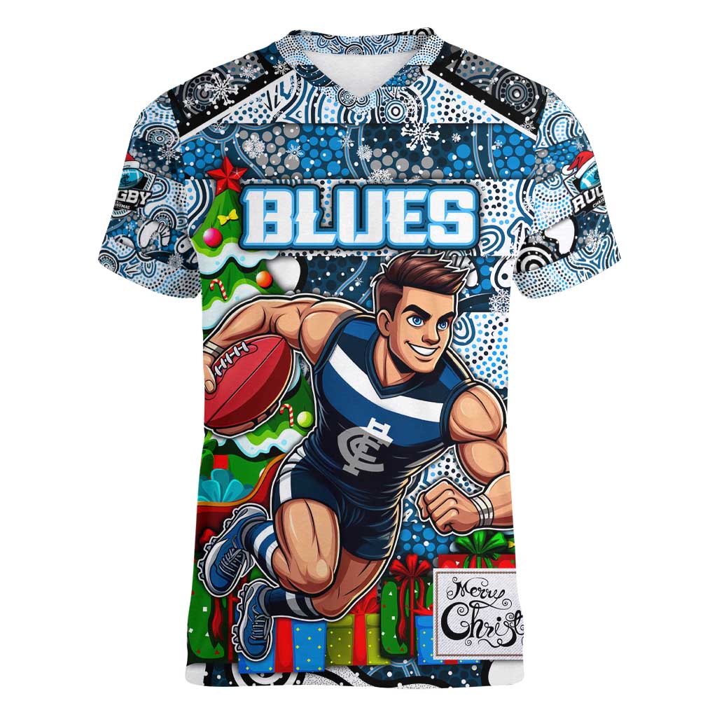 Custom Blues Rugby Merry Christmas Women V-Neck T-Shirt Indigenous Australian Art
