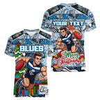 Custom Blues Rugby Merry Christmas Women V-Neck T-Shirt Indigenous Australian Art