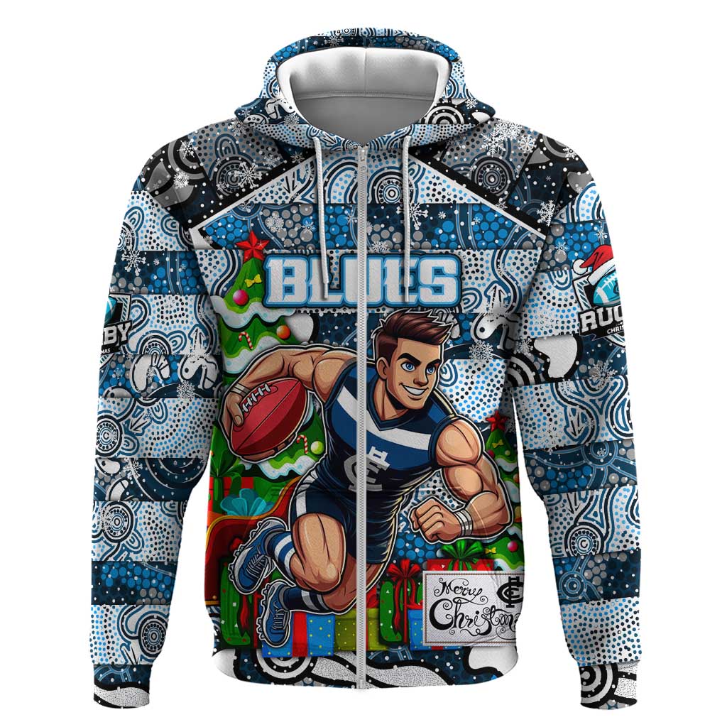 Custom Blues Rugby Merry Christmas Zip Hoodie Indigenous Australian Art