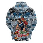 Custom Blues Rugby Merry Christmas Zip Hoodie Indigenous Australian Art