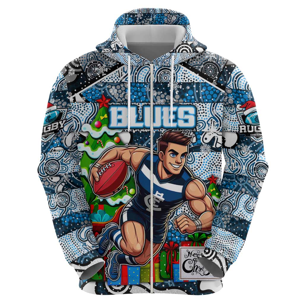 Custom Blues Rugby Merry Christmas Zip Hoodie Indigenous Australian Art