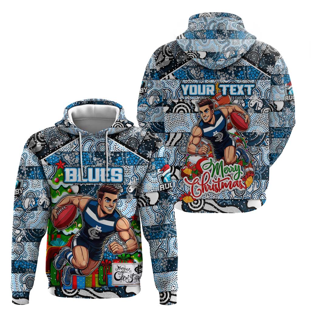 Custom Blues Rugby Merry Christmas Zip Hoodie Indigenous Australian Art