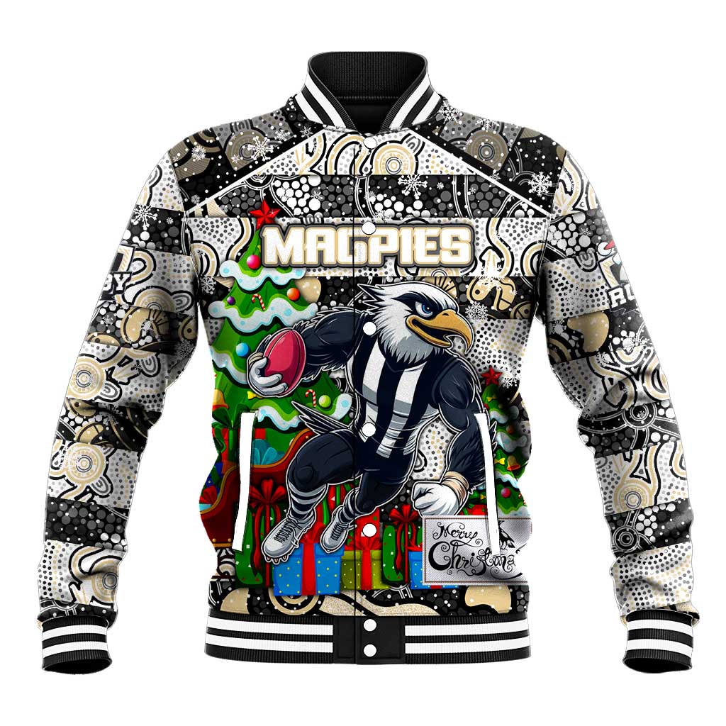 Custom Magpies Rugby Merry Christmas Baseball Jacket Indigenous Australian Art