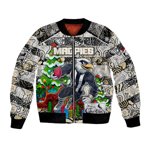 Custom Magpies Rugby Merry Christmas Bomber Jacket Indigenous Australian Art