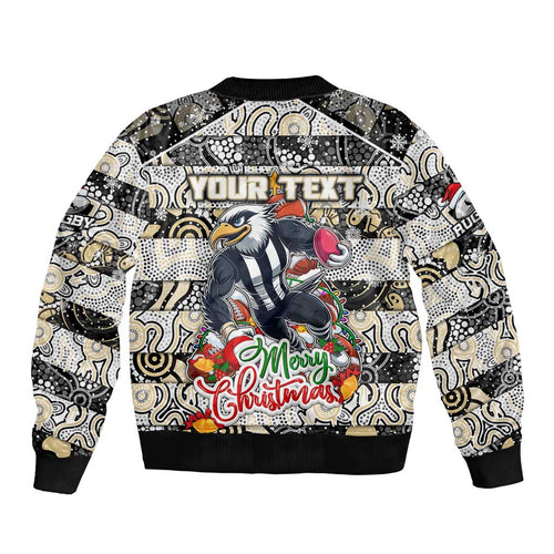 Custom Magpies Rugby Merry Christmas Bomber Jacket Indigenous Australian Art