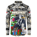 Custom Magpies Rugby Merry Christmas Button Sweatshirt Indigenous Australian Art