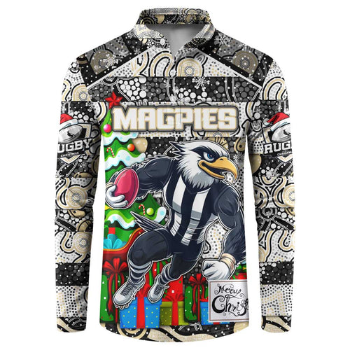 Custom Magpies Rugby Merry Christmas Button Sweatshirt Indigenous Australian Art