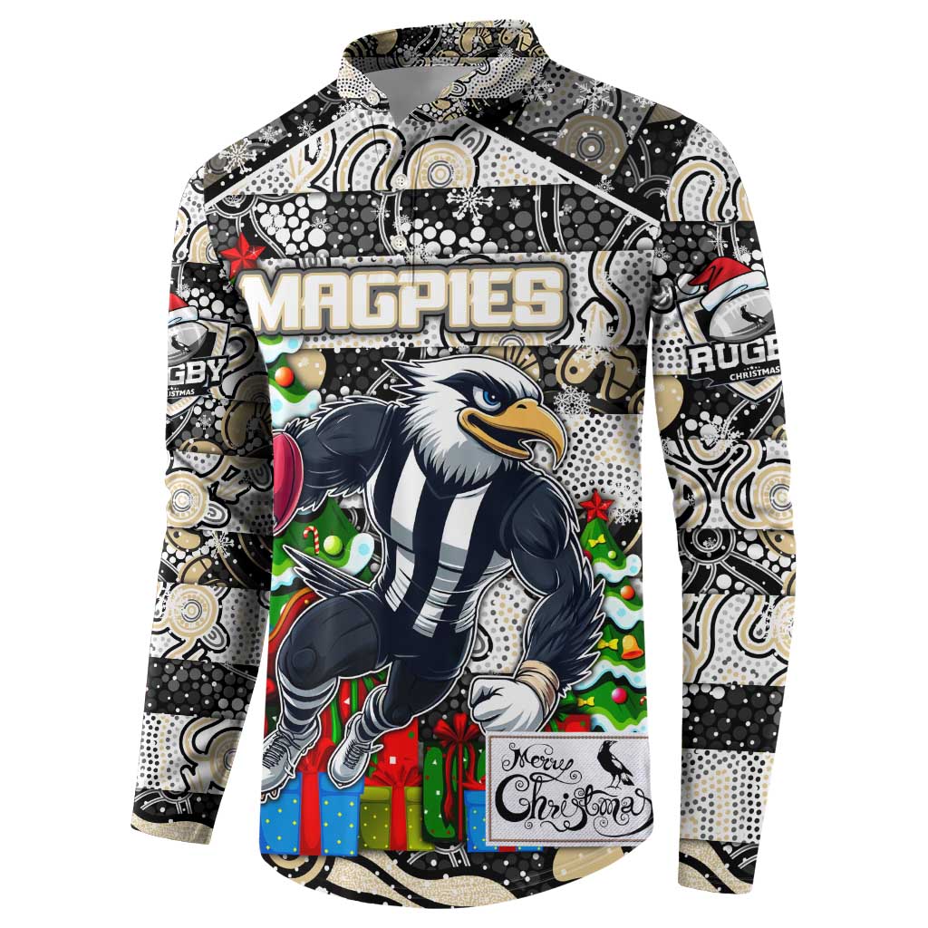 Custom Magpies Rugby Merry Christmas Button Sweatshirt Indigenous Australian Art