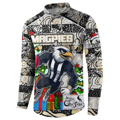 Custom Magpies Rugby Merry Christmas Button Sweatshirt Indigenous Australian Art