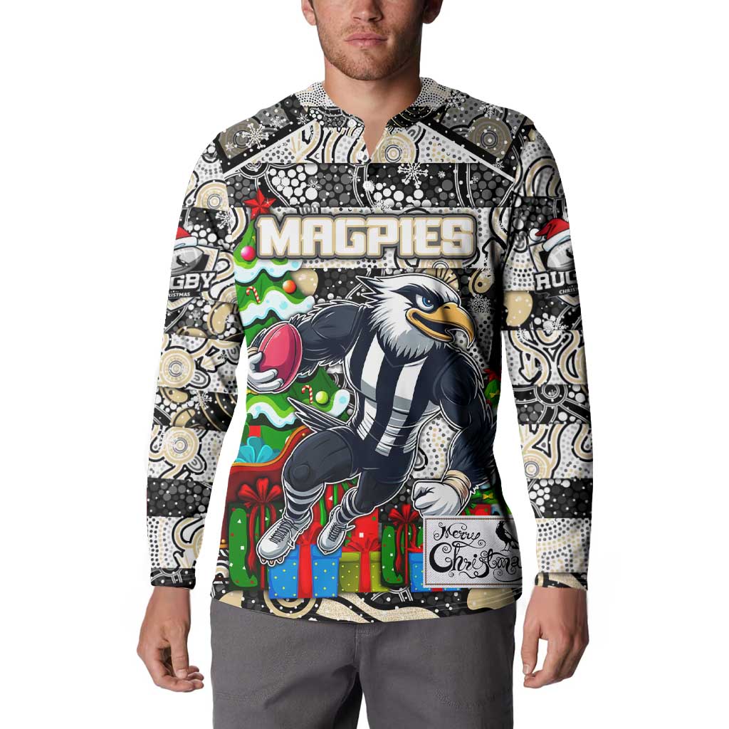Custom Magpies Rugby Merry Christmas Button Sweatshirt Indigenous Australian Art