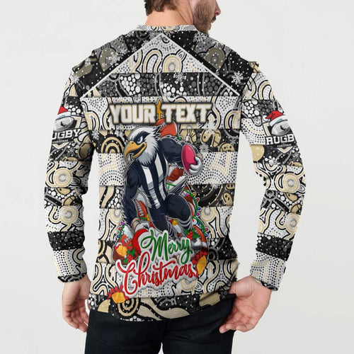 Custom Magpies Rugby Merry Christmas Button Sweatshirt Indigenous Australian Art
