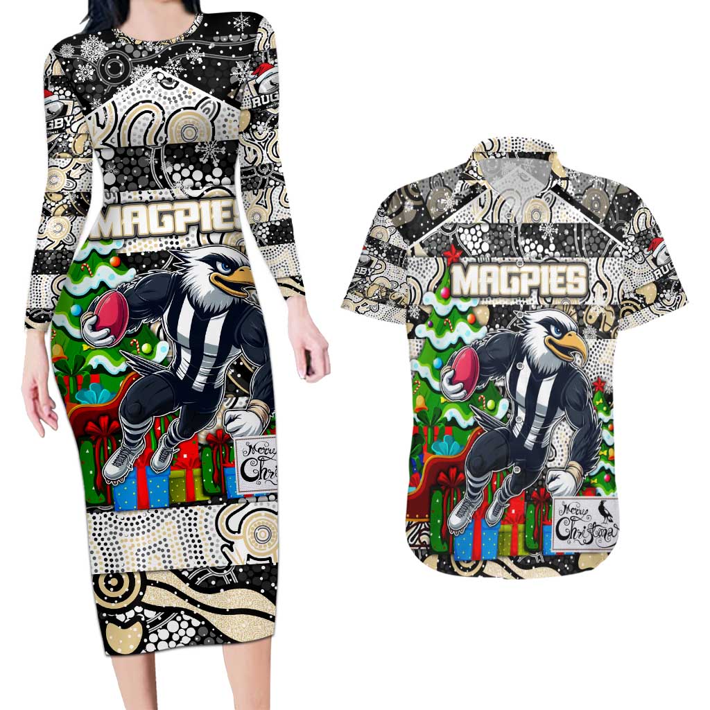 Custom Magpies Rugby Merry Christmas Couples Matching Long Sleeve Bodycon Dress and Hawaiian Shirt Indigenous Australian Art