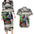 Custom Magpies Rugby Merry Christmas Couples Matching Long Sleeve Bodycon Dress and Hawaiian Shirt Indigenous Australian Art