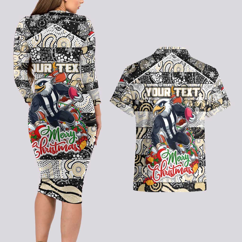 Custom Magpies Rugby Merry Christmas Couples Matching Long Sleeve Bodycon Dress and Hawaiian Shirt Indigenous Australian Art