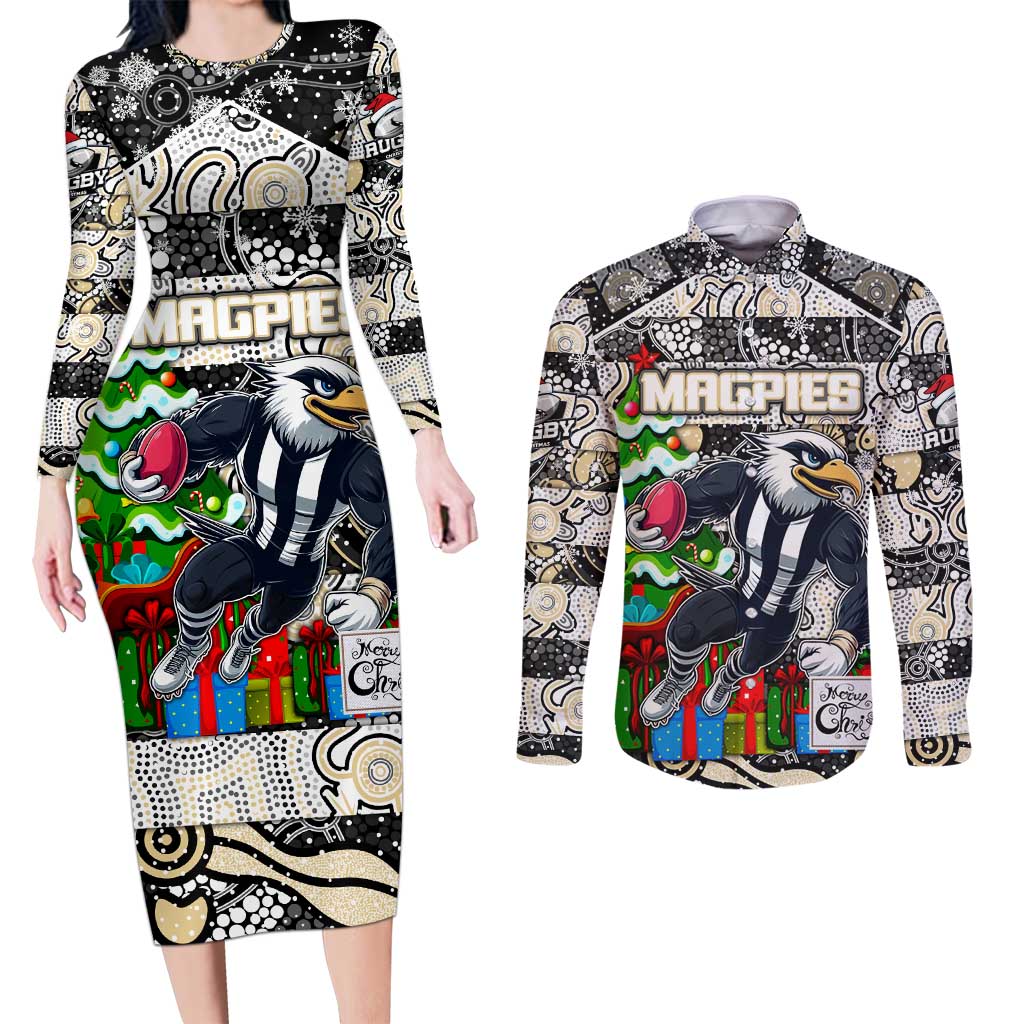 Custom Magpies Rugby Merry Christmas Couples Matching Long Sleeve Bodycon Dress and Long Sleeve Button Shirt Indigenous Australian Art