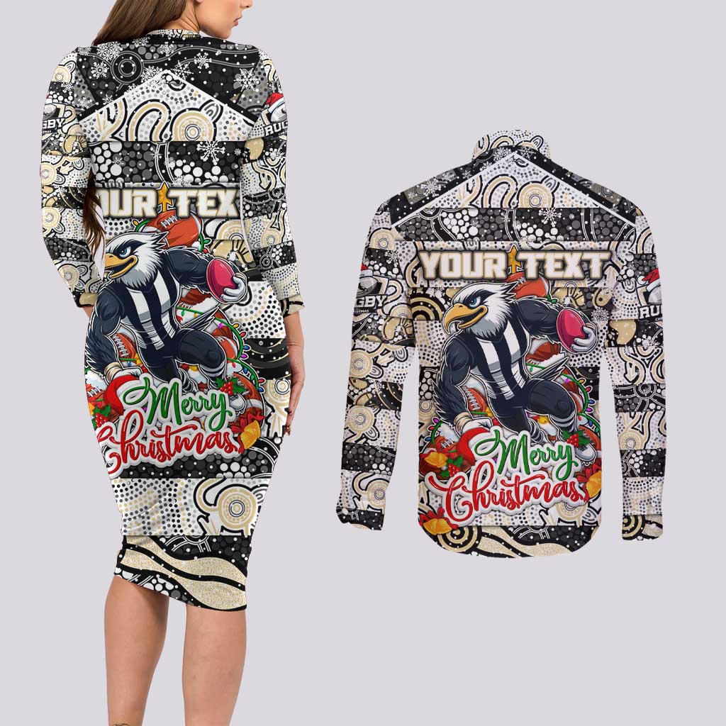 Custom Magpies Rugby Merry Christmas Couples Matching Long Sleeve Bodycon Dress and Long Sleeve Button Shirt Indigenous Australian Art