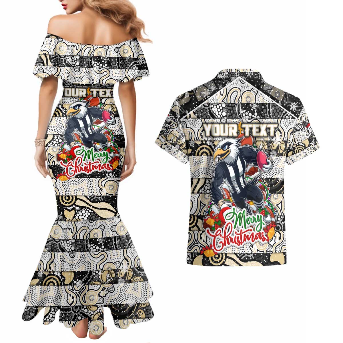 Custom Magpies Rugby Merry Christmas Couples Matching Mermaid Dress and Hawaiian Shirt Indigenous Australian Art