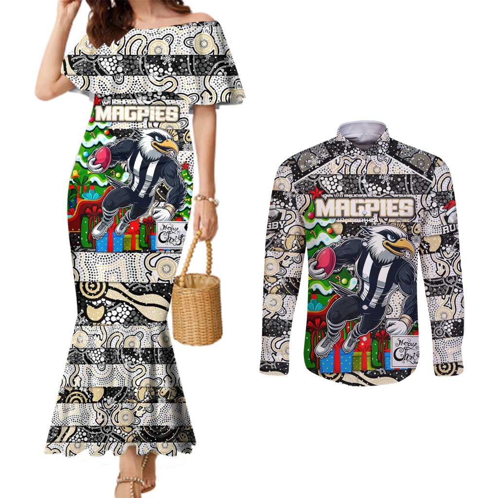 Custom Magpies Rugby Merry Christmas Couples Matching Mermaid Dress and Long Sleeve Button Shirt Indigenous Australian Art