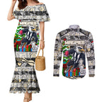 Custom Magpies Rugby Merry Christmas Couples Matching Mermaid Dress and Long Sleeve Button Shirt Indigenous Australian Art
