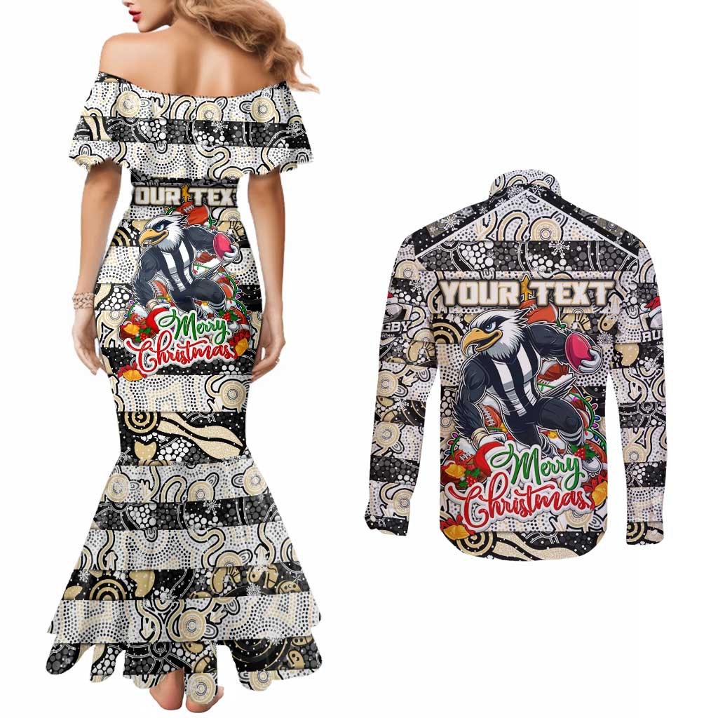 Custom Magpies Rugby Merry Christmas Couples Matching Mermaid Dress and Long Sleeve Button Shirt Indigenous Australian Art