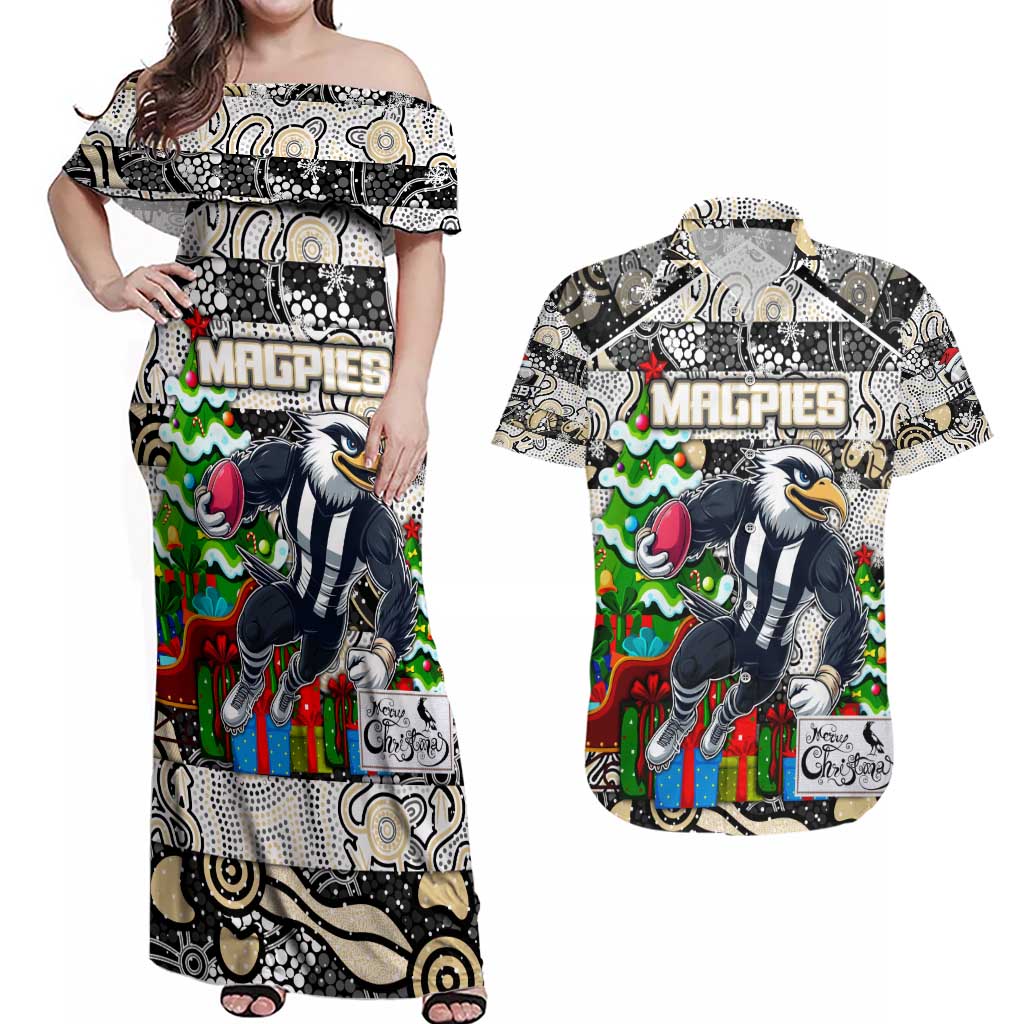 Custom Magpies Rugby Merry Christmas Couples Matching Off Shoulder Maxi Dress and Hawaiian Shirt Indigenous Australian Art