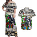 Custom Magpies Rugby Merry Christmas Couples Matching Off Shoulder Maxi Dress and Hawaiian Shirt Indigenous Australian Art