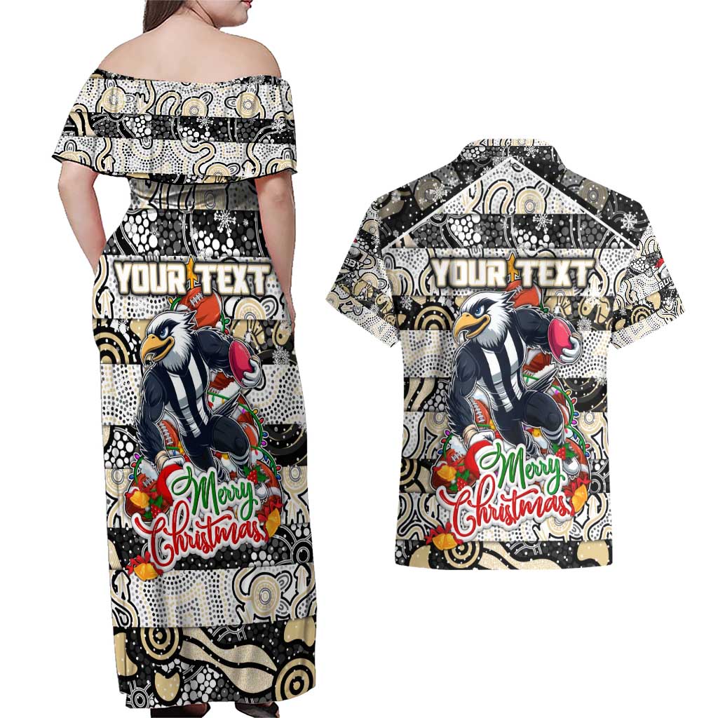 Custom Magpies Rugby Merry Christmas Couples Matching Off Shoulder Maxi Dress and Hawaiian Shirt Indigenous Australian Art