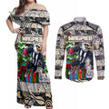 Custom Magpies Rugby Merry Christmas Couples Matching Off Shoulder Maxi Dress and Long Sleeve Button Shirt Indigenous Australian Art