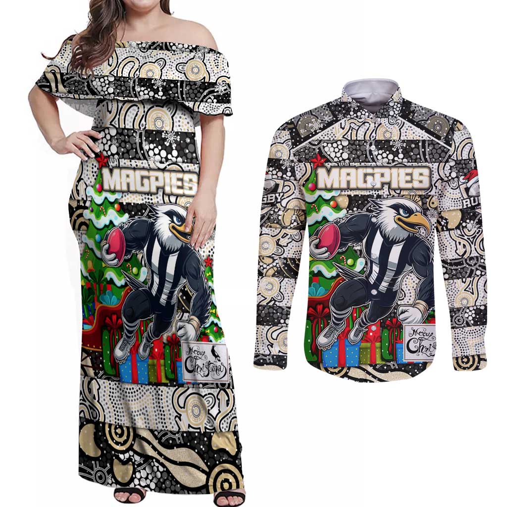 Custom Magpies Rugby Merry Christmas Couples Matching Off Shoulder Maxi Dress and Long Sleeve Button Shirt Indigenous Australian Art