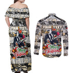 Custom Magpies Rugby Merry Christmas Couples Matching Off Shoulder Maxi Dress and Long Sleeve Button Shirt Indigenous Australian Art