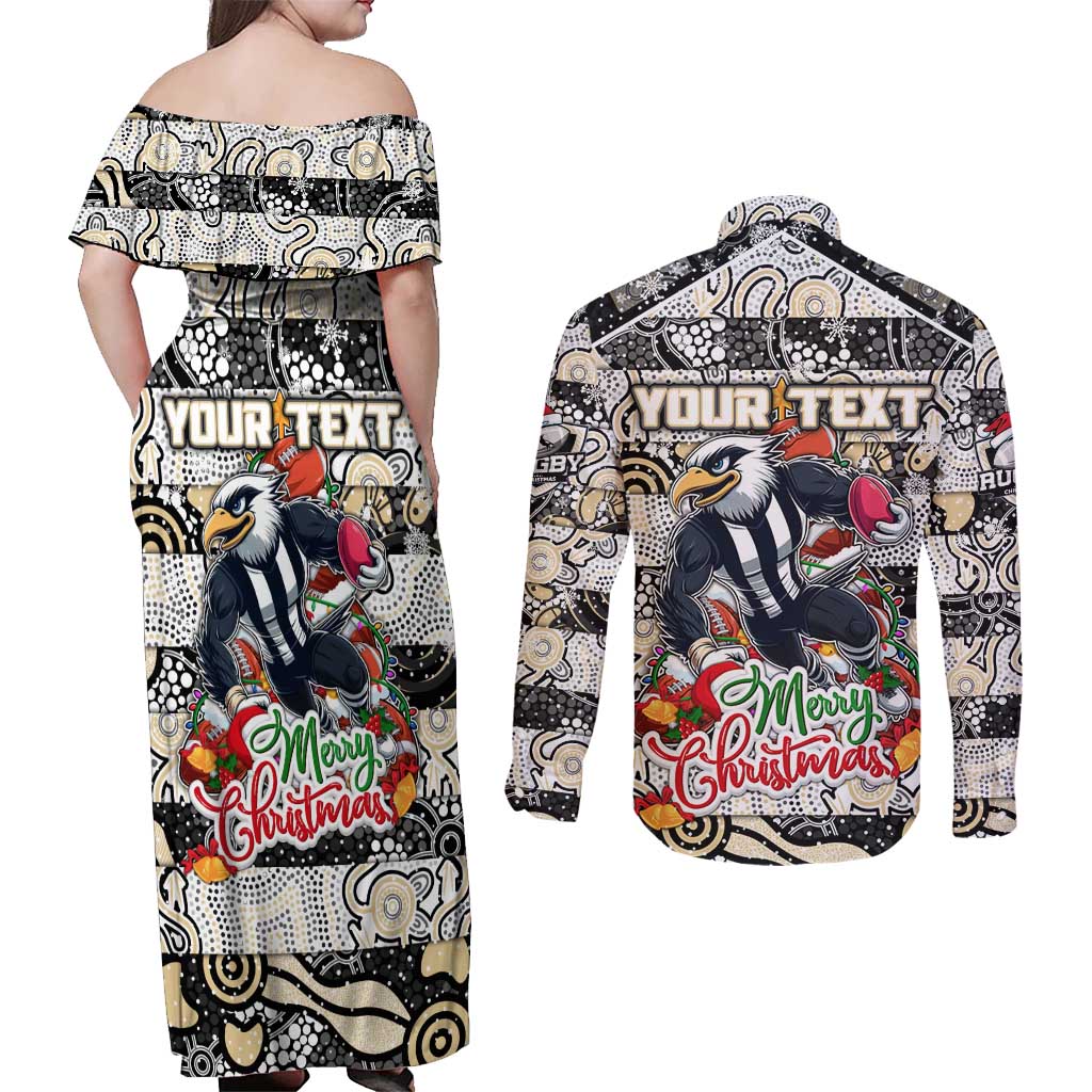Custom Magpies Rugby Merry Christmas Couples Matching Off Shoulder Maxi Dress and Long Sleeve Button Shirt Indigenous Australian Art