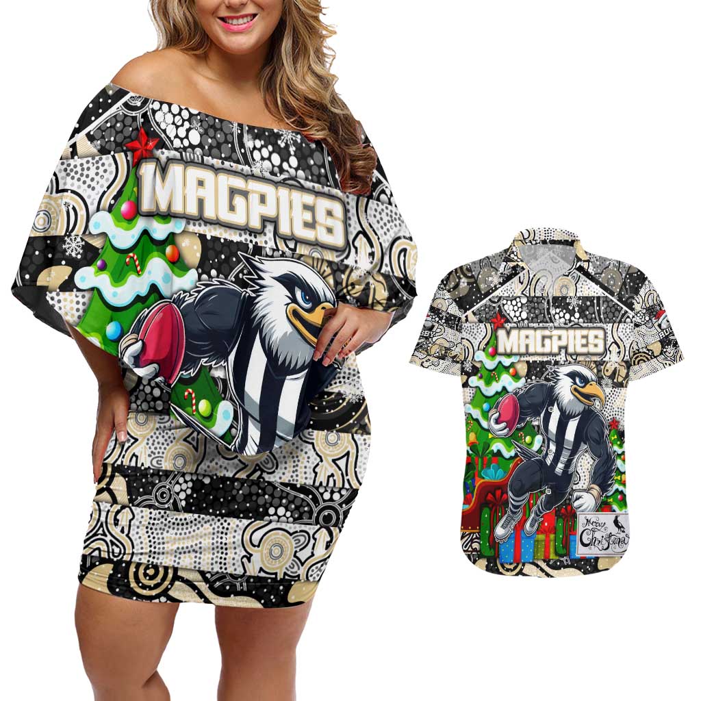 Custom Magpies Rugby Merry Christmas Couples Matching Off Shoulder Short Dress and Hawaiian Shirt Indigenous Australian Art
