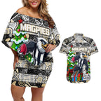 Custom Magpies Rugby Merry Christmas Couples Matching Off Shoulder Short Dress and Hawaiian Shirt Indigenous Australian Art