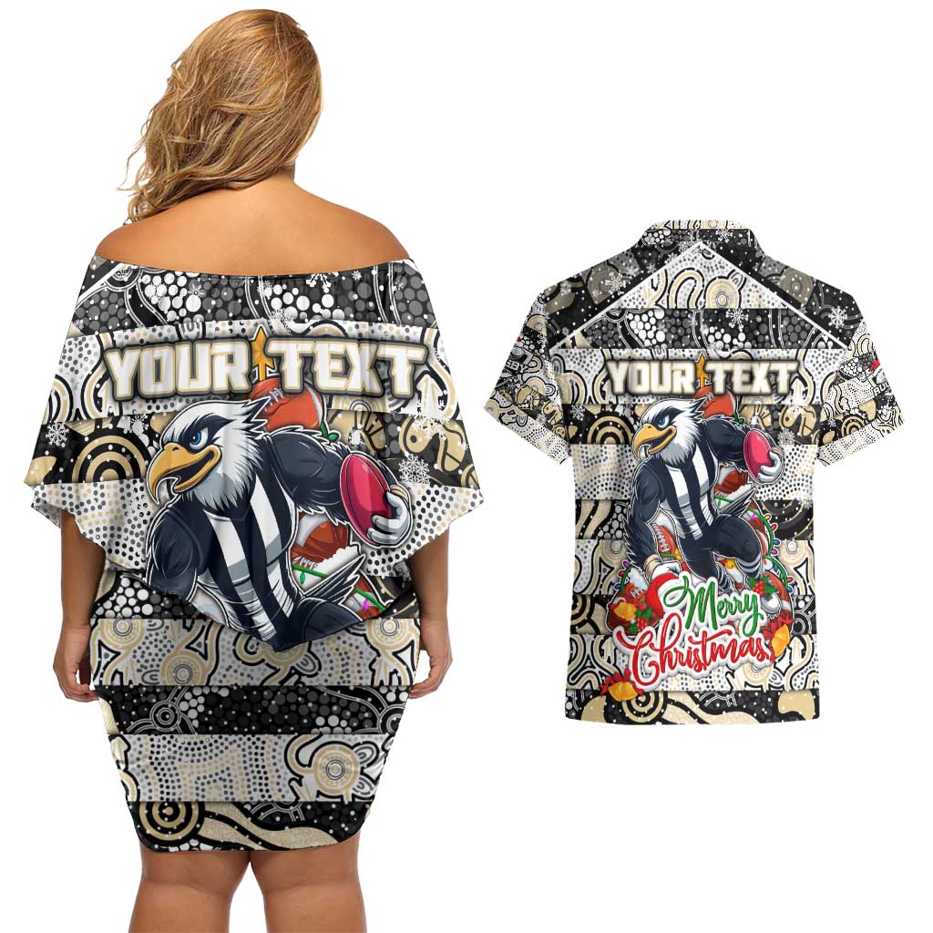 Custom Magpies Rugby Merry Christmas Couples Matching Off Shoulder Short Dress and Hawaiian Shirt Indigenous Australian Art