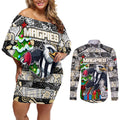 Custom Magpies Rugby Merry Christmas Couples Matching Off Shoulder Short Dress and Long Sleeve Button Shirt Indigenous Australian Art