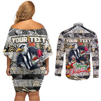 Custom Magpies Rugby Merry Christmas Couples Matching Off Shoulder Short Dress and Long Sleeve Button Shirt Indigenous Australian Art