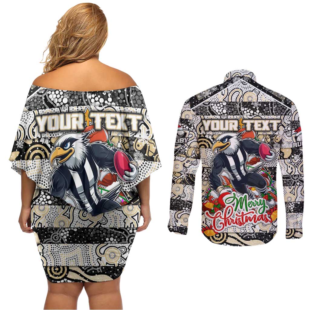 Custom Magpies Rugby Merry Christmas Couples Matching Off Shoulder Short Dress and Long Sleeve Button Shirt Indigenous Australian Art