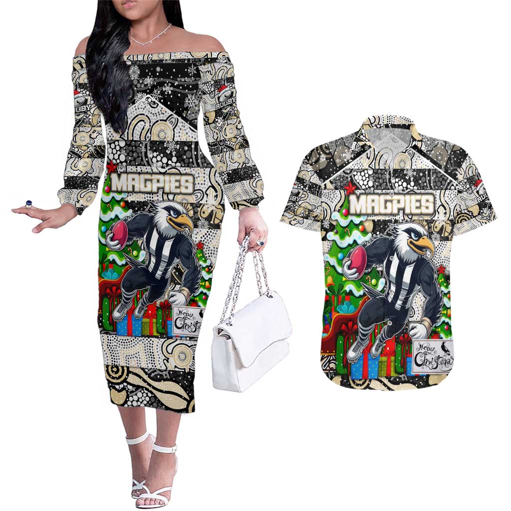 Custom Magpies Rugby Merry Christmas Couples Matching Off The Shoulder Long Sleeve Dress and Hawaiian Shirt Indigenous Australian Art