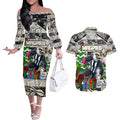 Custom Magpies Rugby Merry Christmas Couples Matching Off The Shoulder Long Sleeve Dress and Hawaiian Shirt Indigenous Australian Art