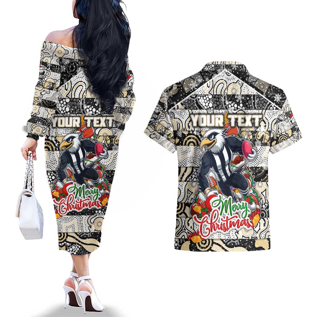Custom Magpies Rugby Merry Christmas Couples Matching Off The Shoulder Long Sleeve Dress and Hawaiian Shirt Indigenous Australian Art