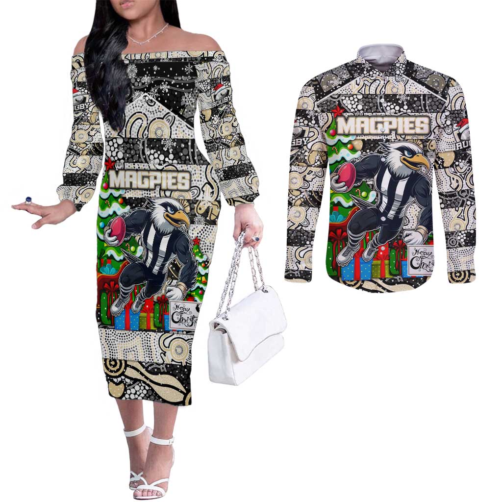 Custom Magpies Rugby Merry Christmas Couples Matching Off The Shoulder Long Sleeve Dress and Long Sleeve Button Shirt Indigenous Australian Art